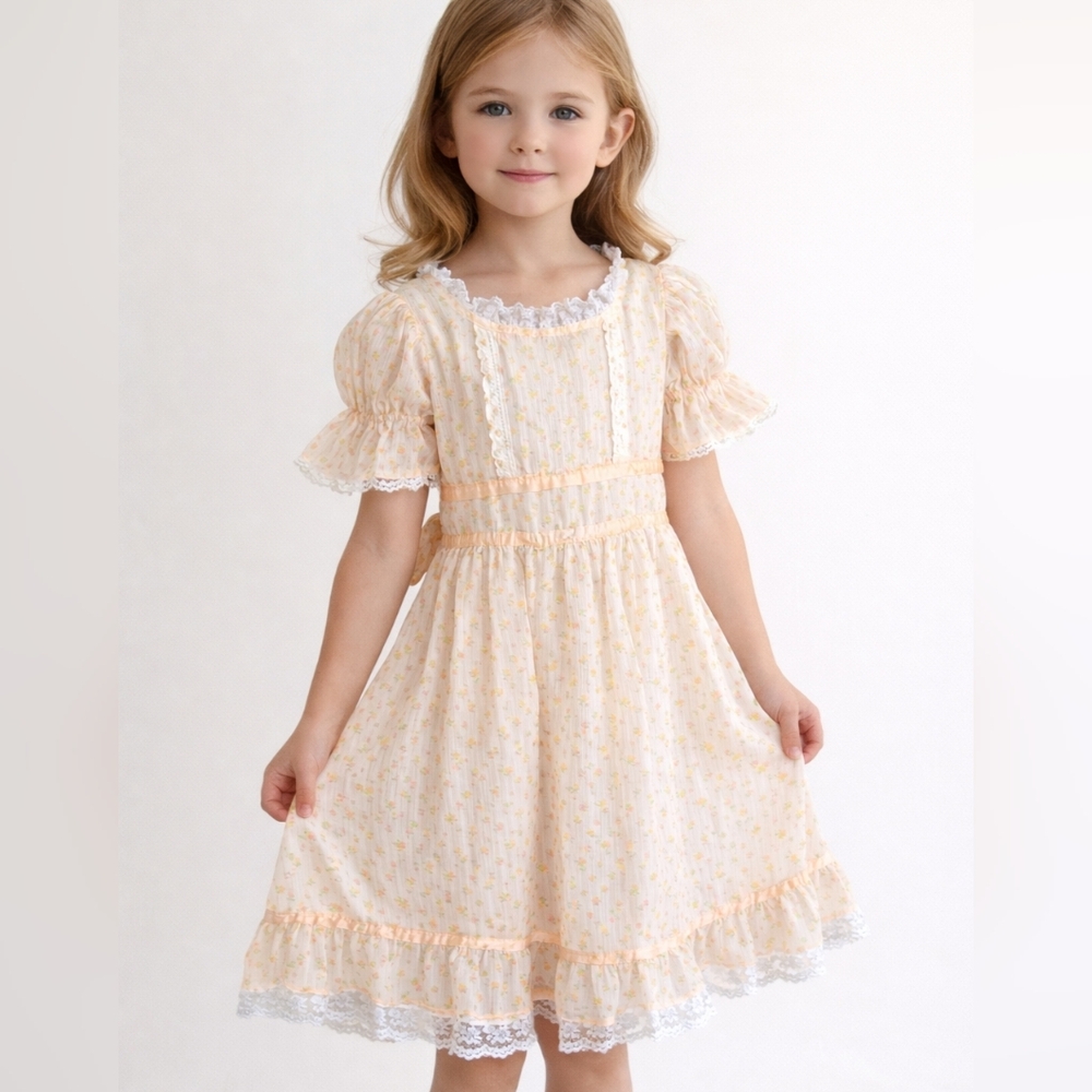 Vintage Girls Prairie Cottagecore Dress Lace Floral Gauze